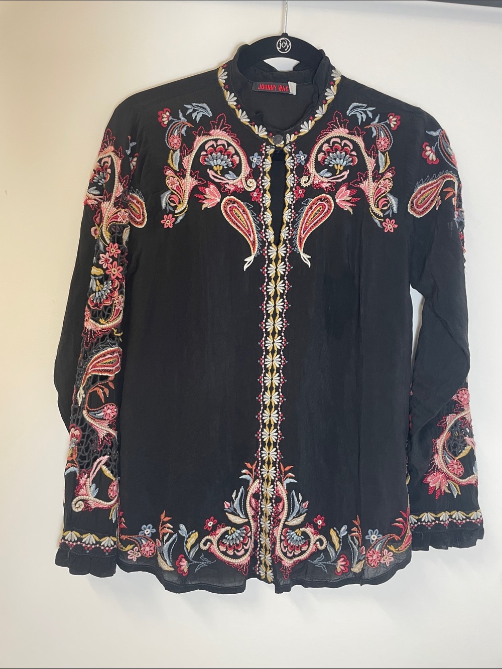 Johnny Was Simone Black Embroidered Blouse with ruffles sheer crocheted tunic XS